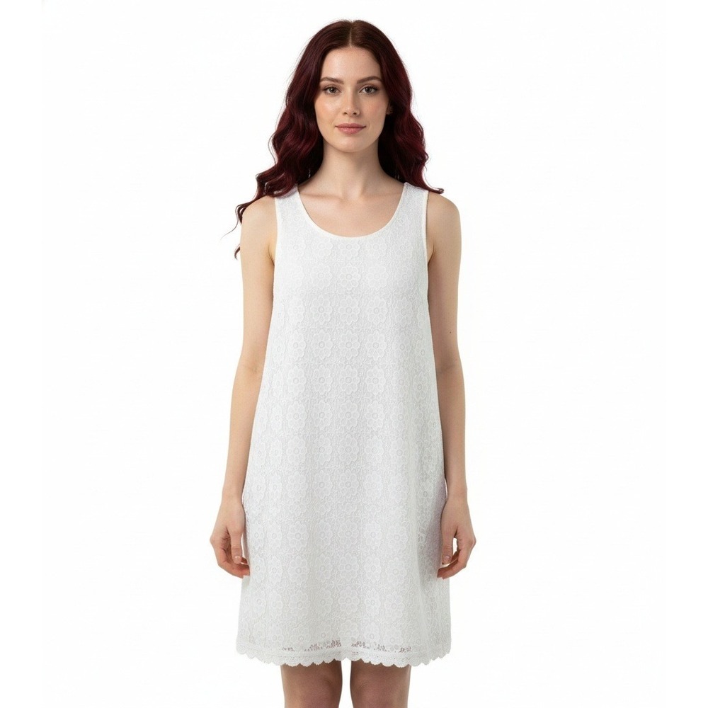 Hem & Thread White Lace Sheath Dress Medium Mini Sleeveless Flounce Hem Casual‎